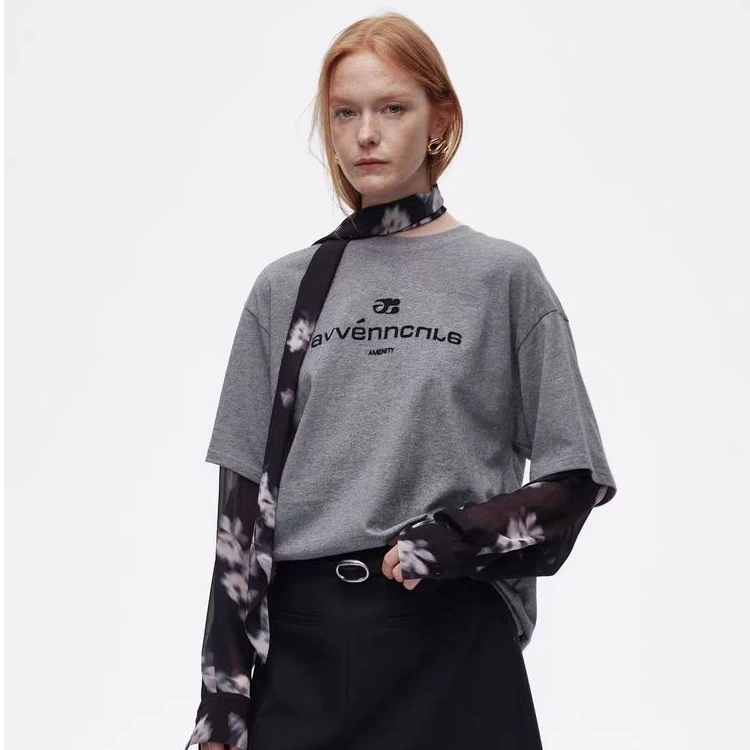 AVVENN2025春季新品雪纺拼接假两件丝巾搭配装饰T恤
