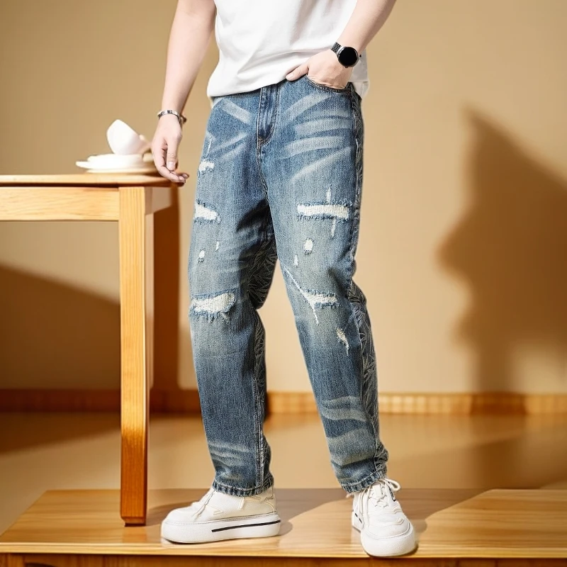 维斯克纳破洞牛仔裤男士夏季新款设计感痞帅休闲宽松直筒长裤子男