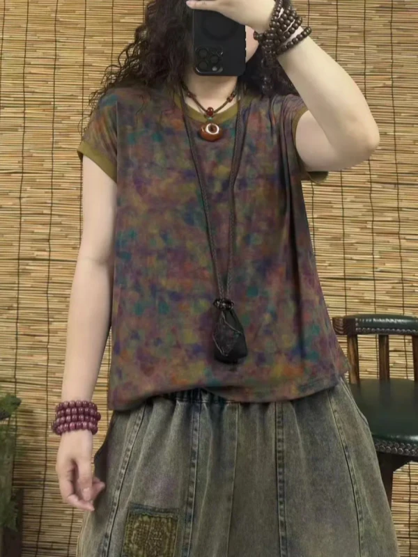 2025夏季新款复古炒色扎染高弹力水墨花圆领落肩袖棉T