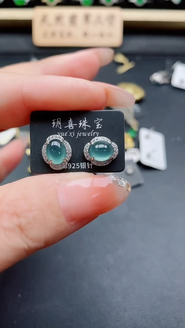 银S925镶嵌翡翠耳饰212121