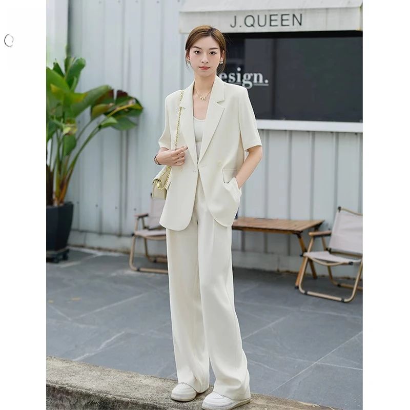 胖mm夏季薄款通勤西装套装女大码时尚高级感西服垂感阔腿裤两件套