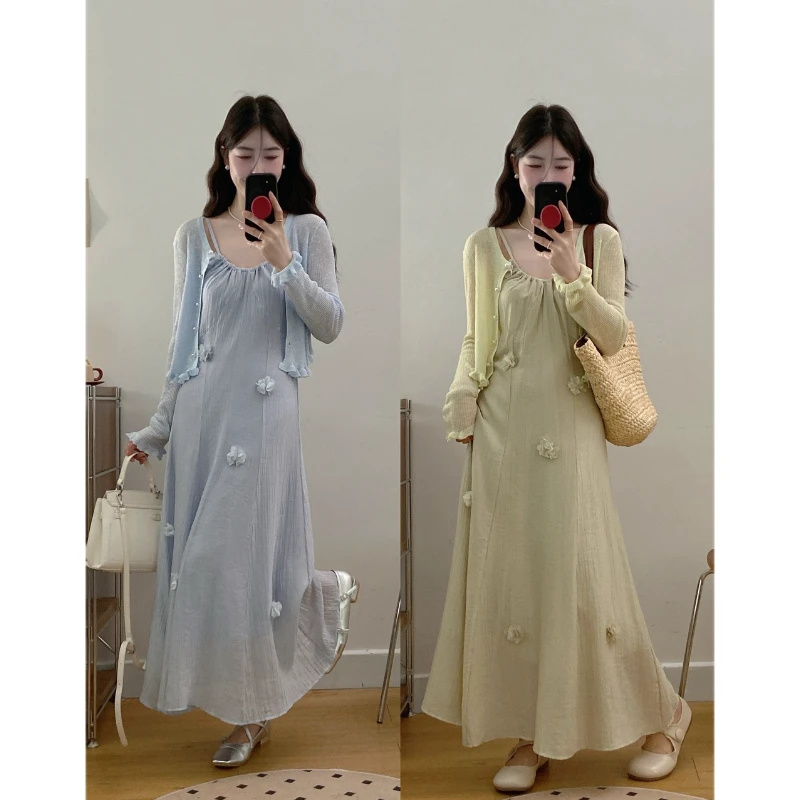 大码春夏新款法式高级感手工立体花朵吊带连衣裙开衫洋气温柔穿搭