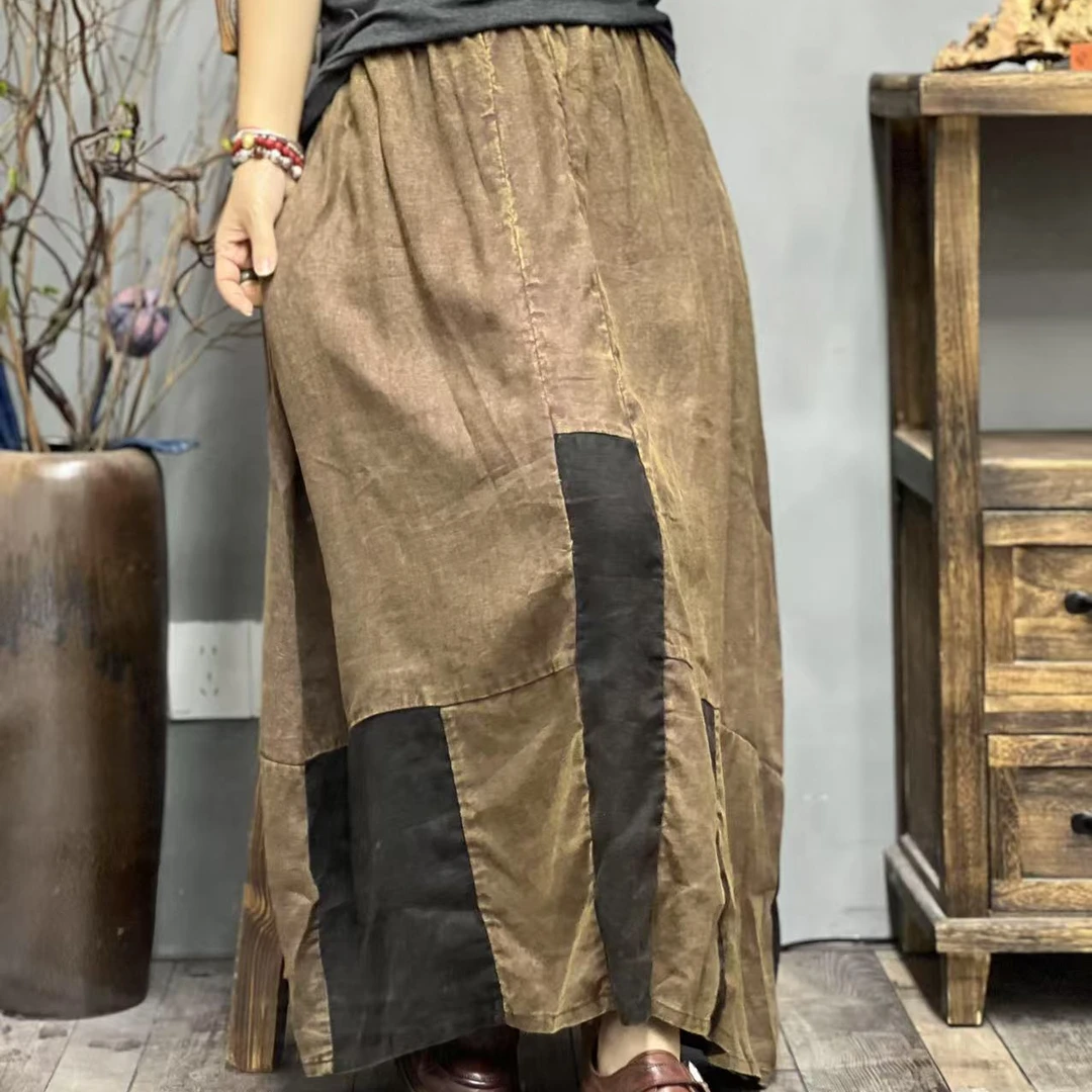 45 17170 春季新品撞色亚麻复古文艺女士半身裙 臀围140长83