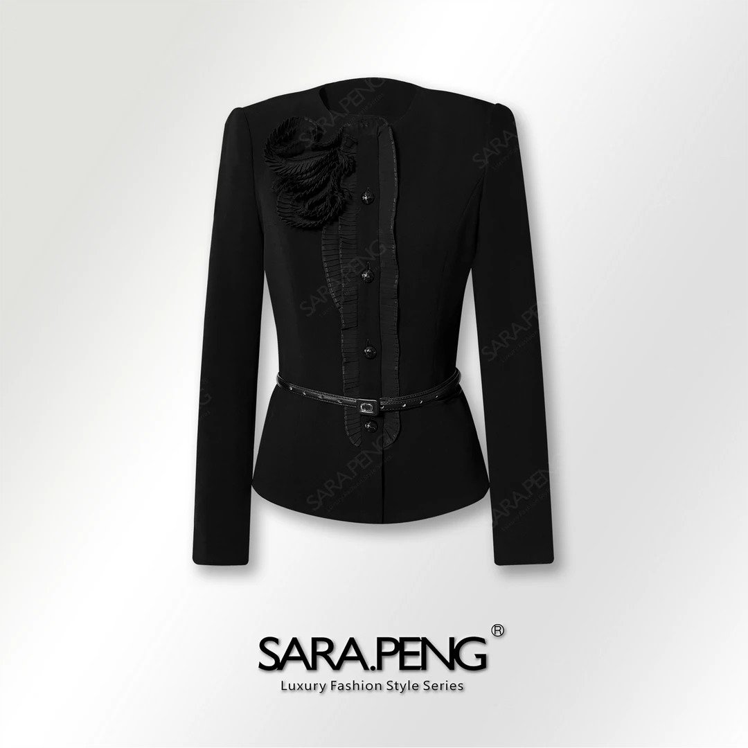 S.PENG名门贵族/轻奢高级醋酸收腰公主线褶皱花百搭气质小外套