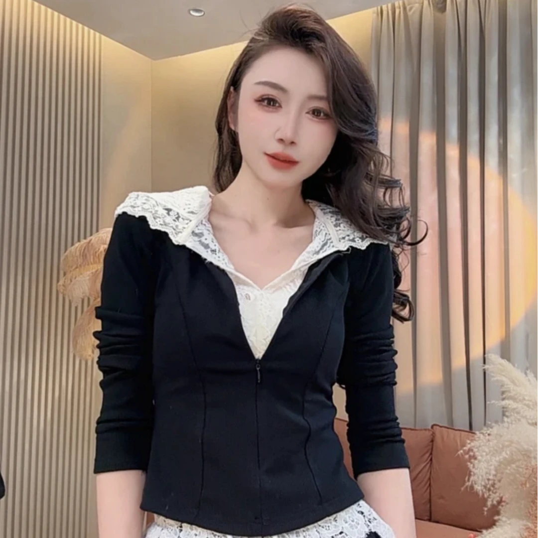 蕾丝假两件时尚韩版打底衫