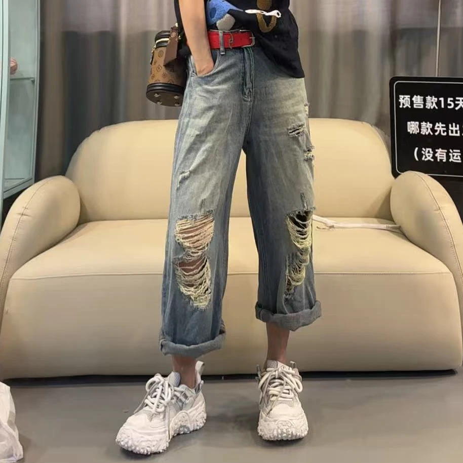 【文乐乐】夏季新款韩版高级洗水做旧磨破时尚休闲潮流牛仔裤90095