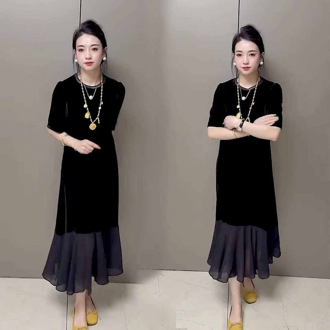 80767欧货新款时尚百搭 国风丝绒拼接鱼尾裙 洋气减龄女装连衣裙