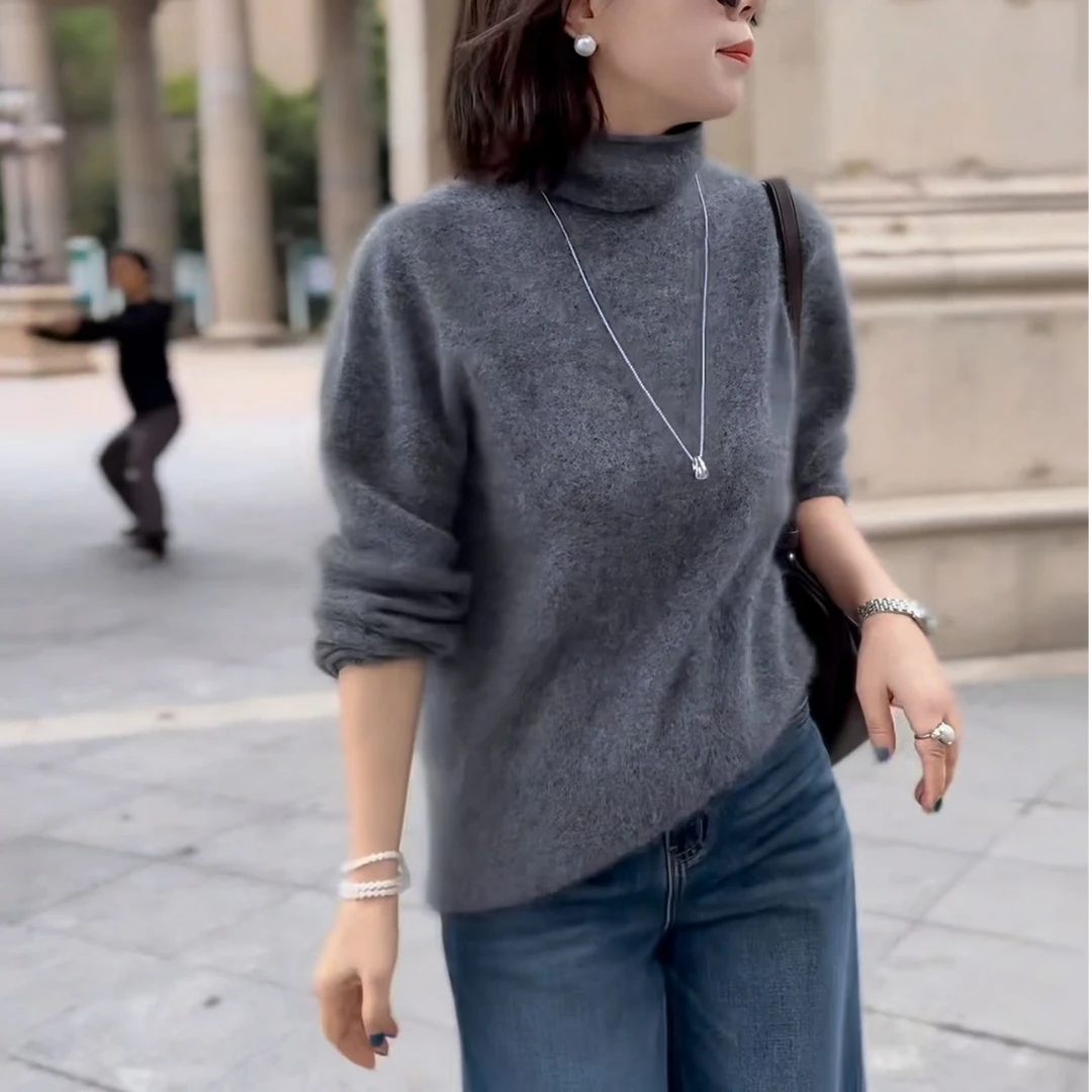 高端山羊绒双面拉绒拉毛堆堆领宽松显瘦百搭打底衫新秋冬网红爆款