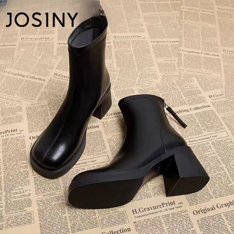 卓诗尼时尚百搭高跟马丁靴子女2025秋冬新款粗跟小踝靴短靴高级感