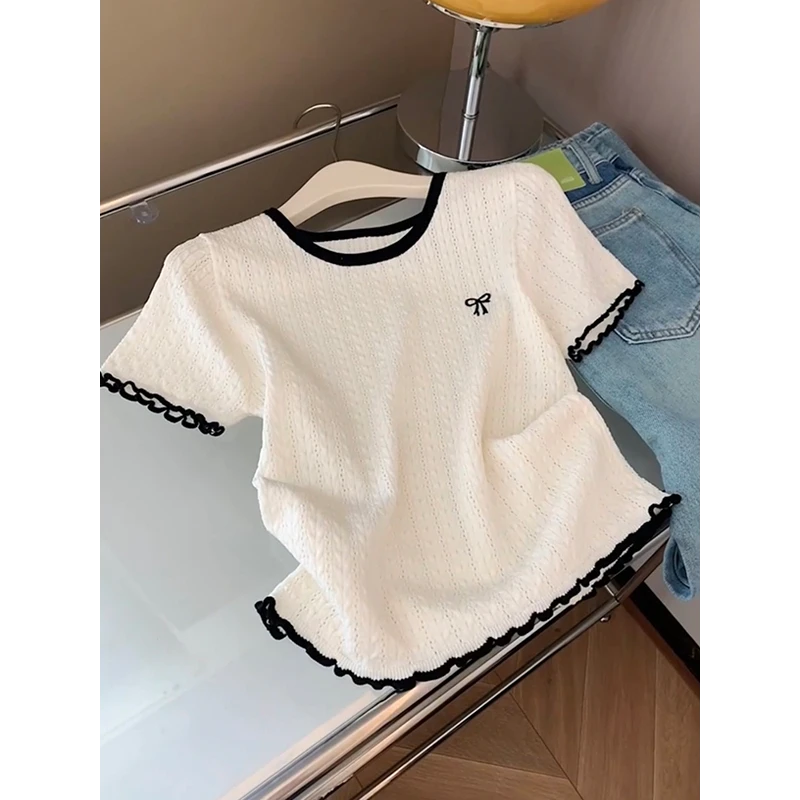 杏色蝴蝶结针织短袖T恤女2025夏季新款少女感撞色木耳边正肩上衣