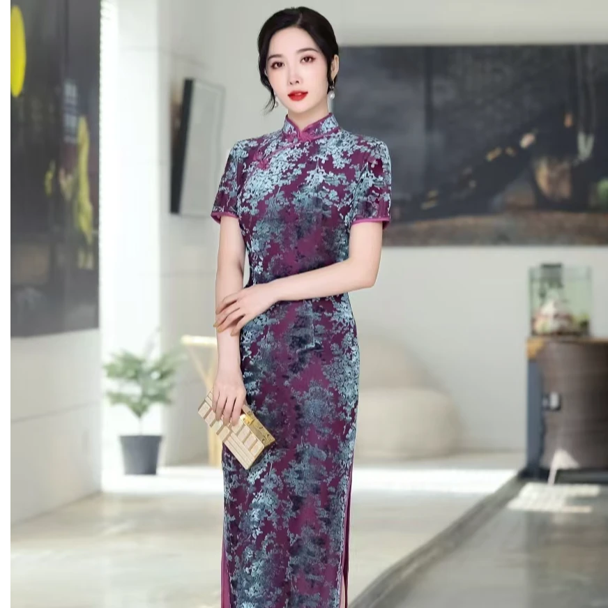 新款2025高端紫色优雅气质中国风长款旗袍复古日常修身显瘦高级感