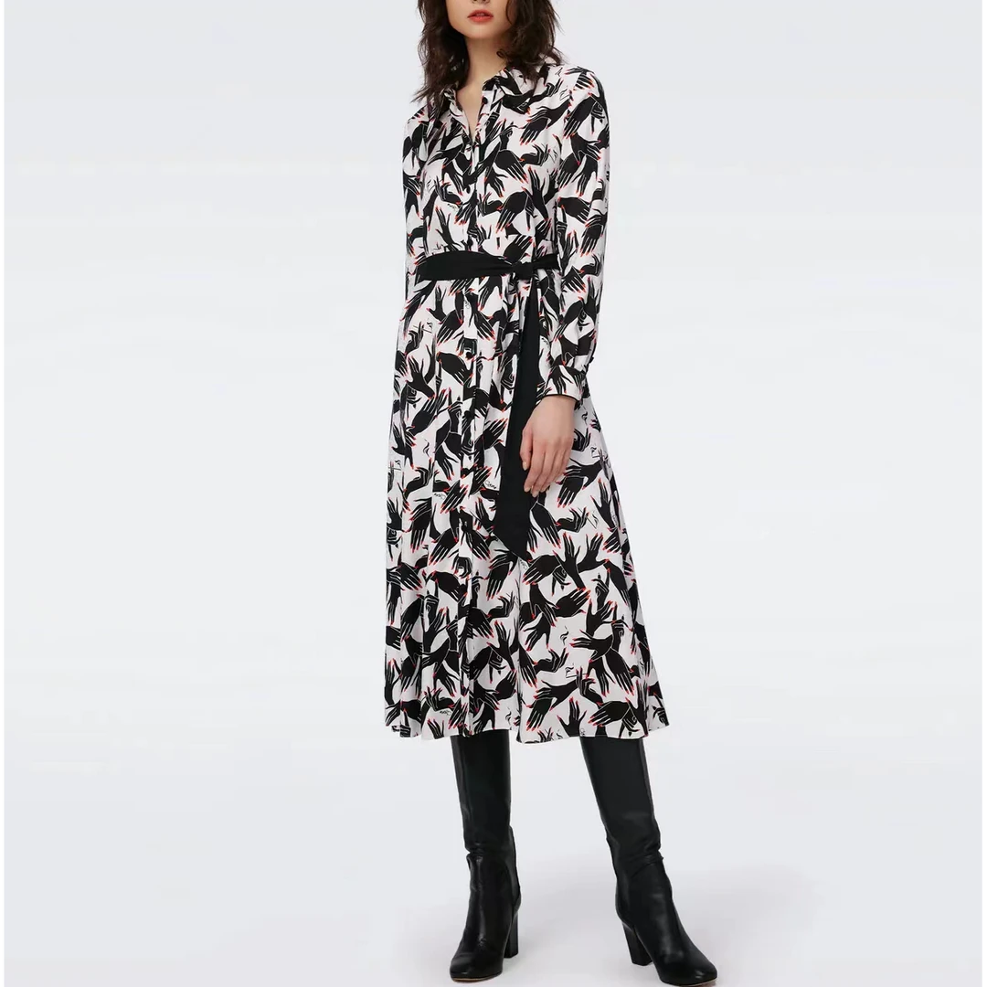 葭恩气质时尚舞台的手图案长袖单排扣衬衫式连衣裙0752