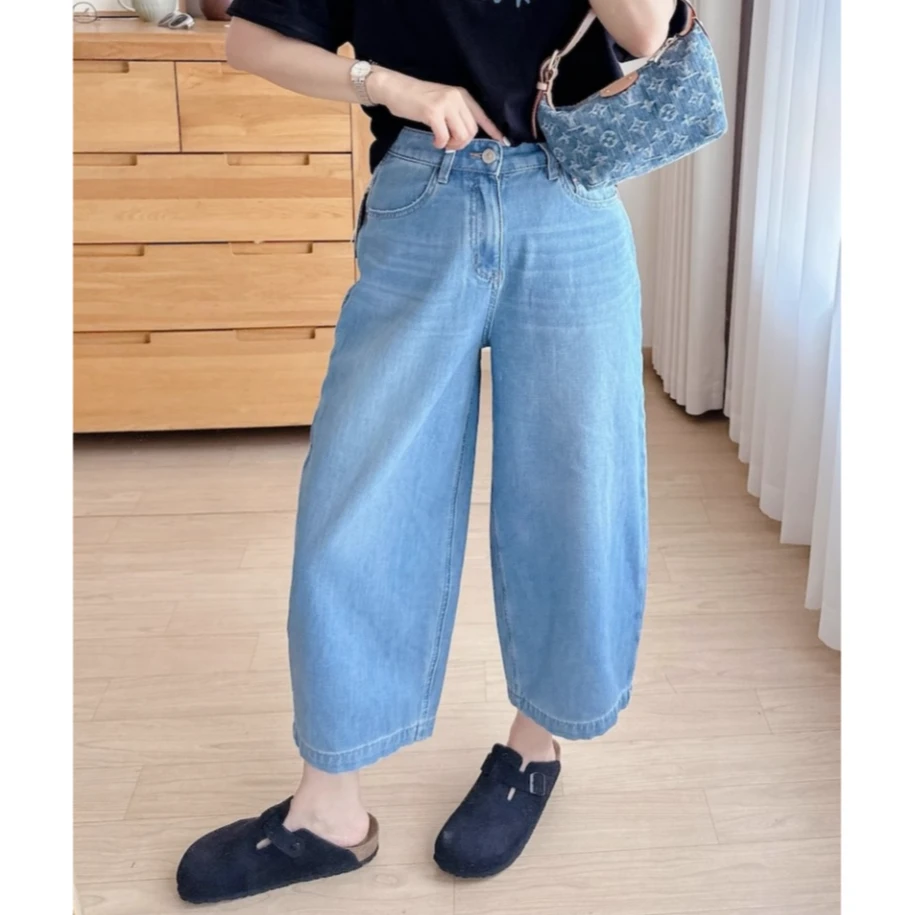 夏季新款浅色八分阔腿裤女梨型身材高腰显瘦宽松小个子气球奶奶裤