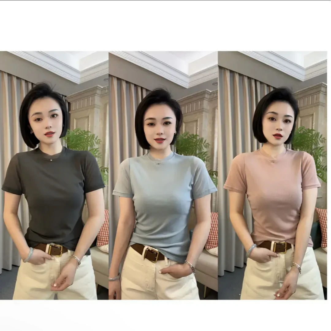 依骊汇春夏款圆领设计感时尚百搭短袖显瘦上衣女5199