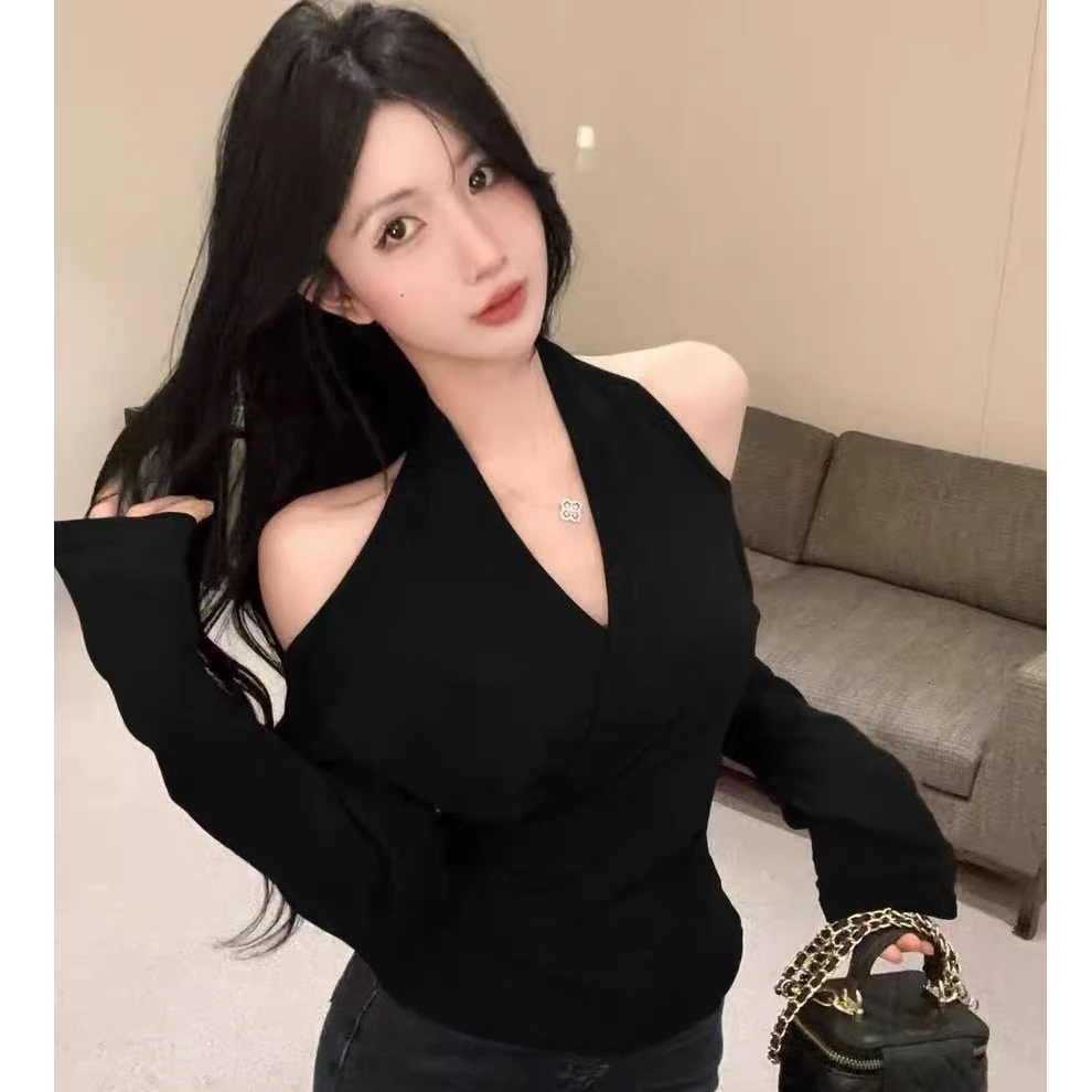 D894美式辣妹风挂脖v领露肩T恤女新款修身显瘦气质上衣