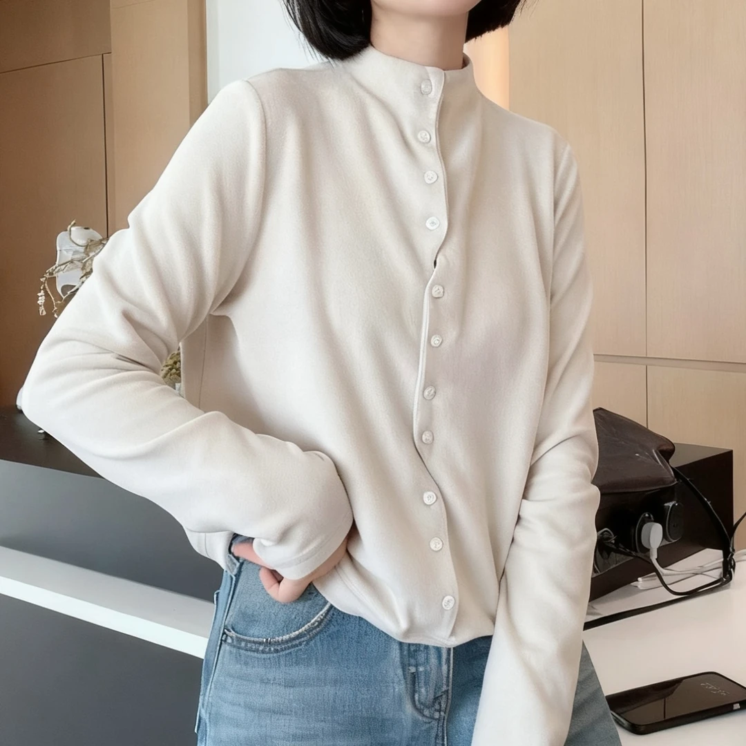 不规则纽扣半高领套头卫衣女2025秋冬新款加厚德绒百搭显瘦上衣潮