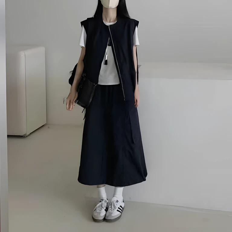 Malena Dream 休闲工装立领无袖马甲纯色T恤半身裙三件套