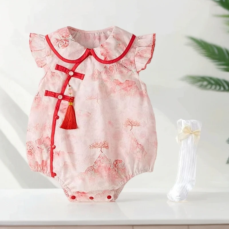 婴儿新生儿夏季国风女宝满月百天周岁连体洋气哈衣包屁+袜子