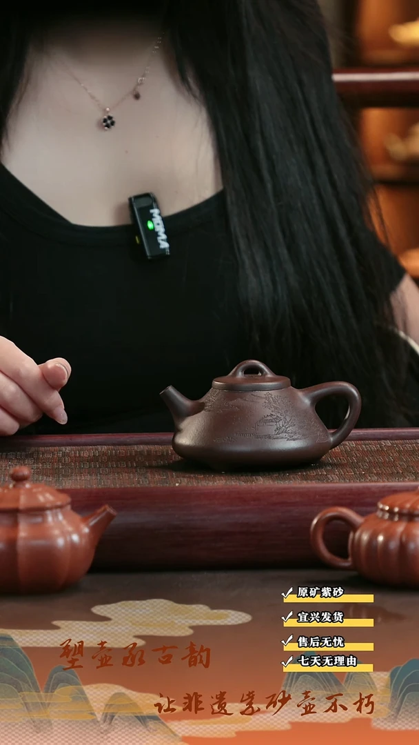 茶壶紫砂宜兴紫砂茶壶  刻绘石瓢  刻绘小房子