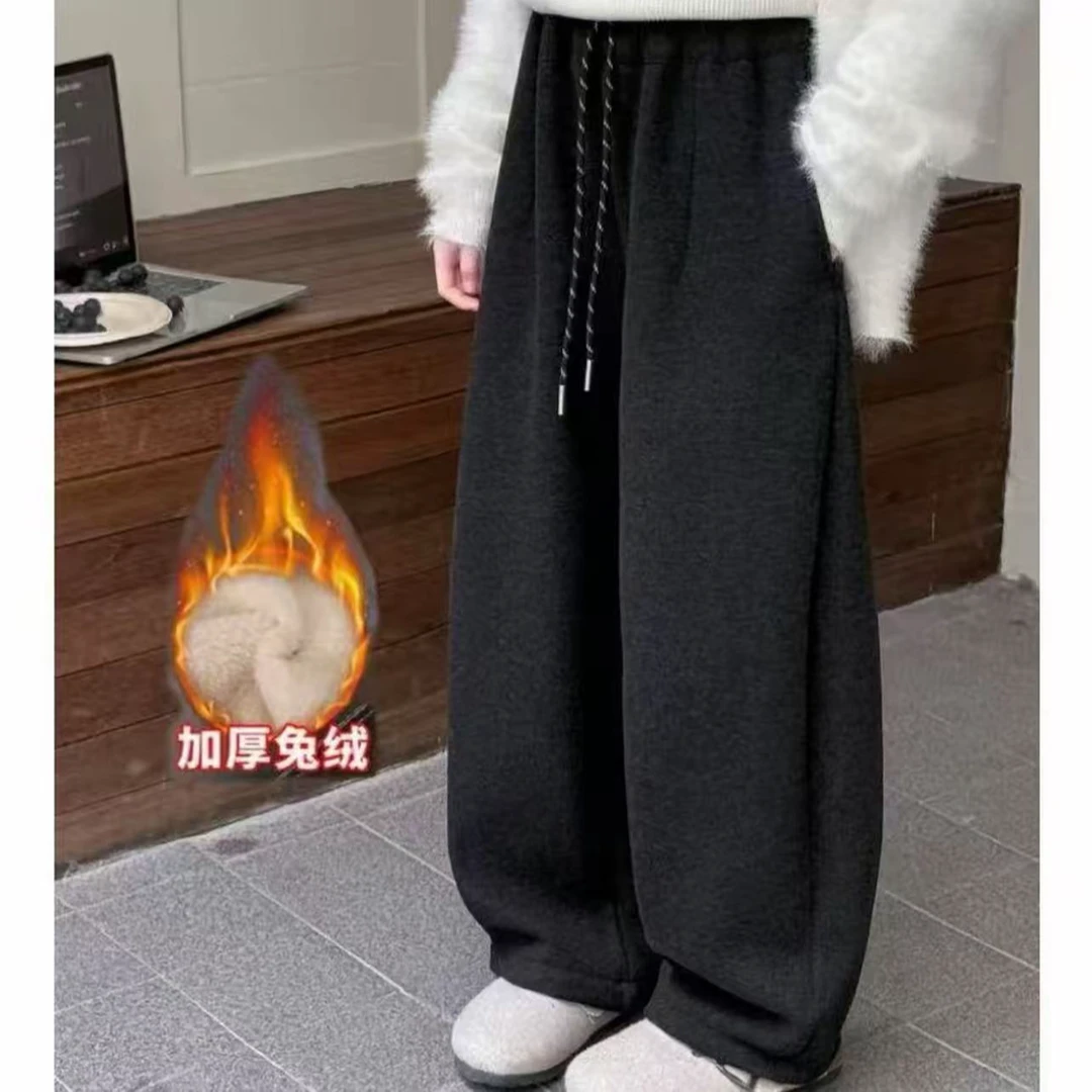 2025冬季女童休闲裤高腰显瘦直筒宽松加绒加厚超厚兔绒休闲裤