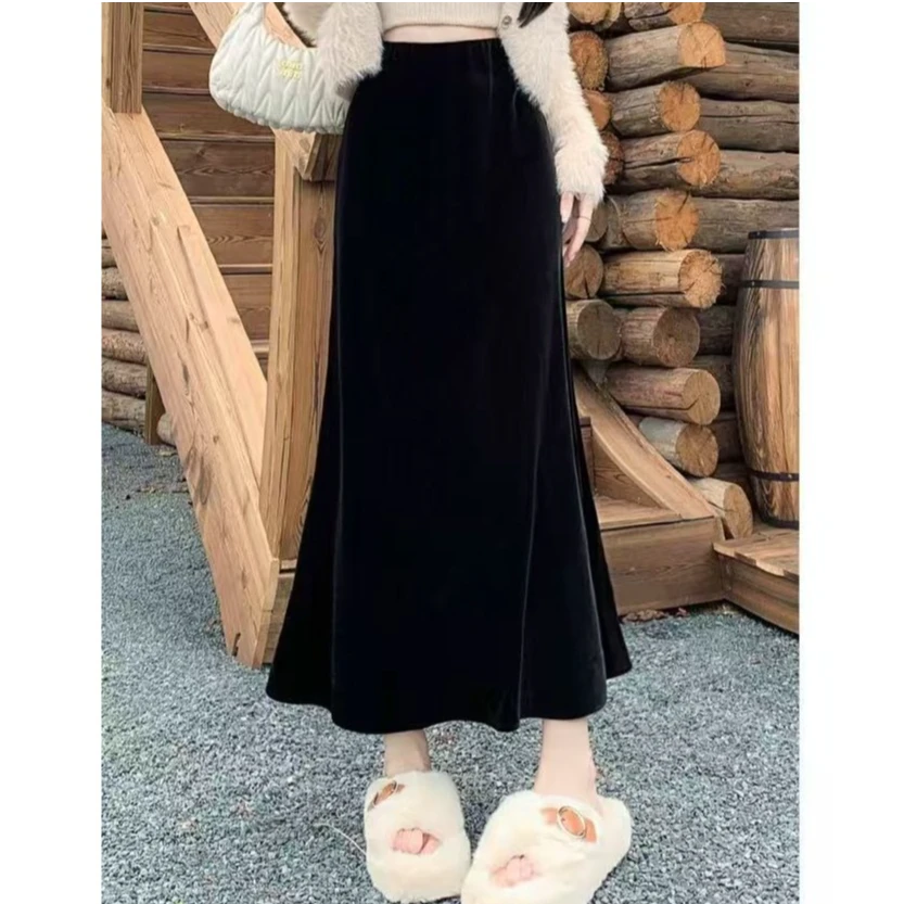 【两个裙长】丝绒半身裙女美式复古2025新款秋季高腰显瘦a字鱼尾裙