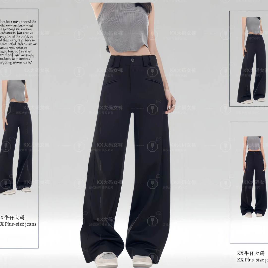 黑色加绒西装裤女秋冬胖妹妹mm设计感高腰宽松显瘦休闲阔腿裤子潮