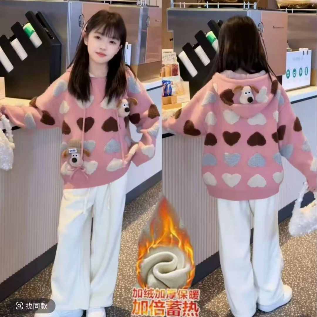 女童秋冬套装新款加厚可爱立体小狗慵懒风毛衣儿童阔腿裤套装