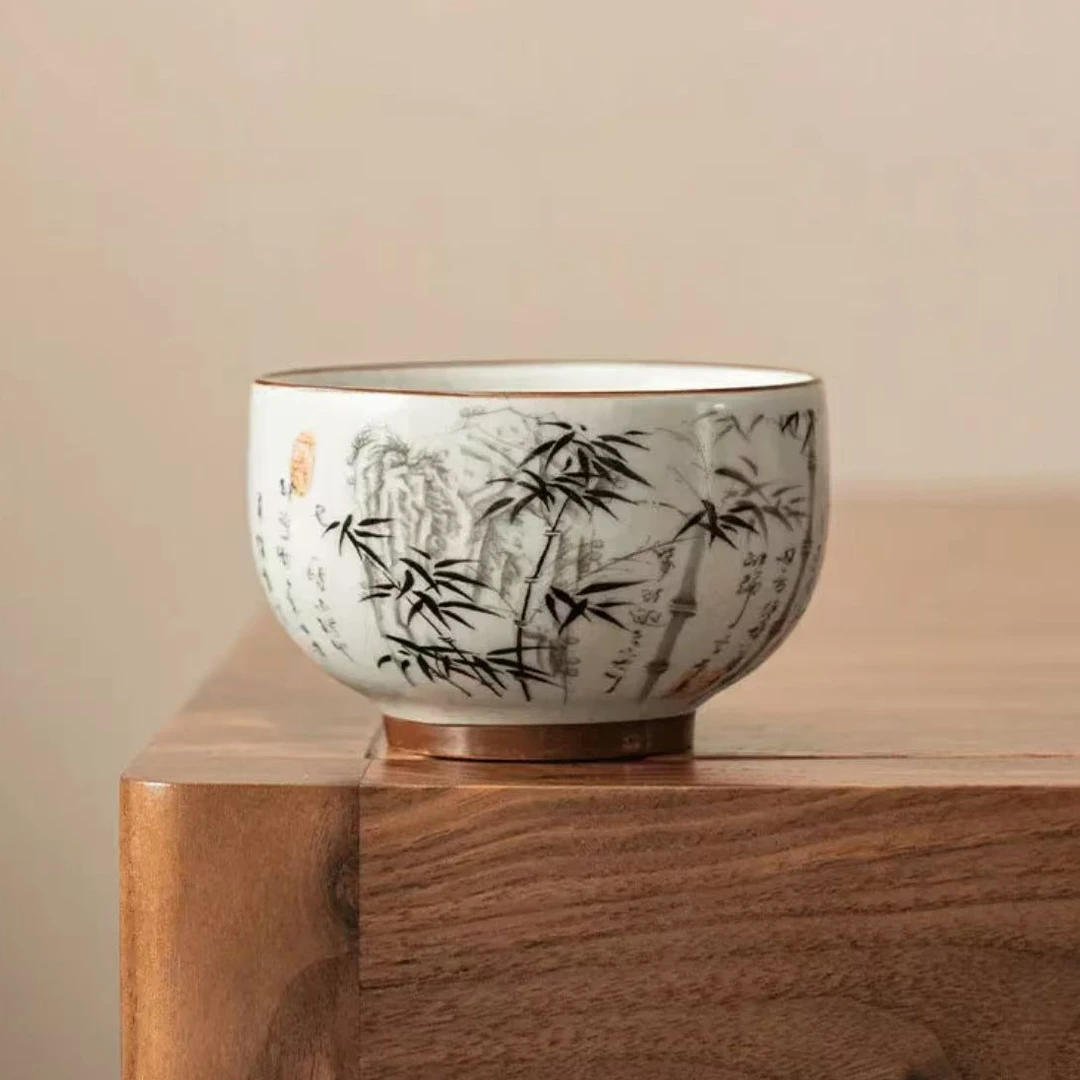 墨竹主人杯汝窑带铜钱禅定杯大容量茶杯