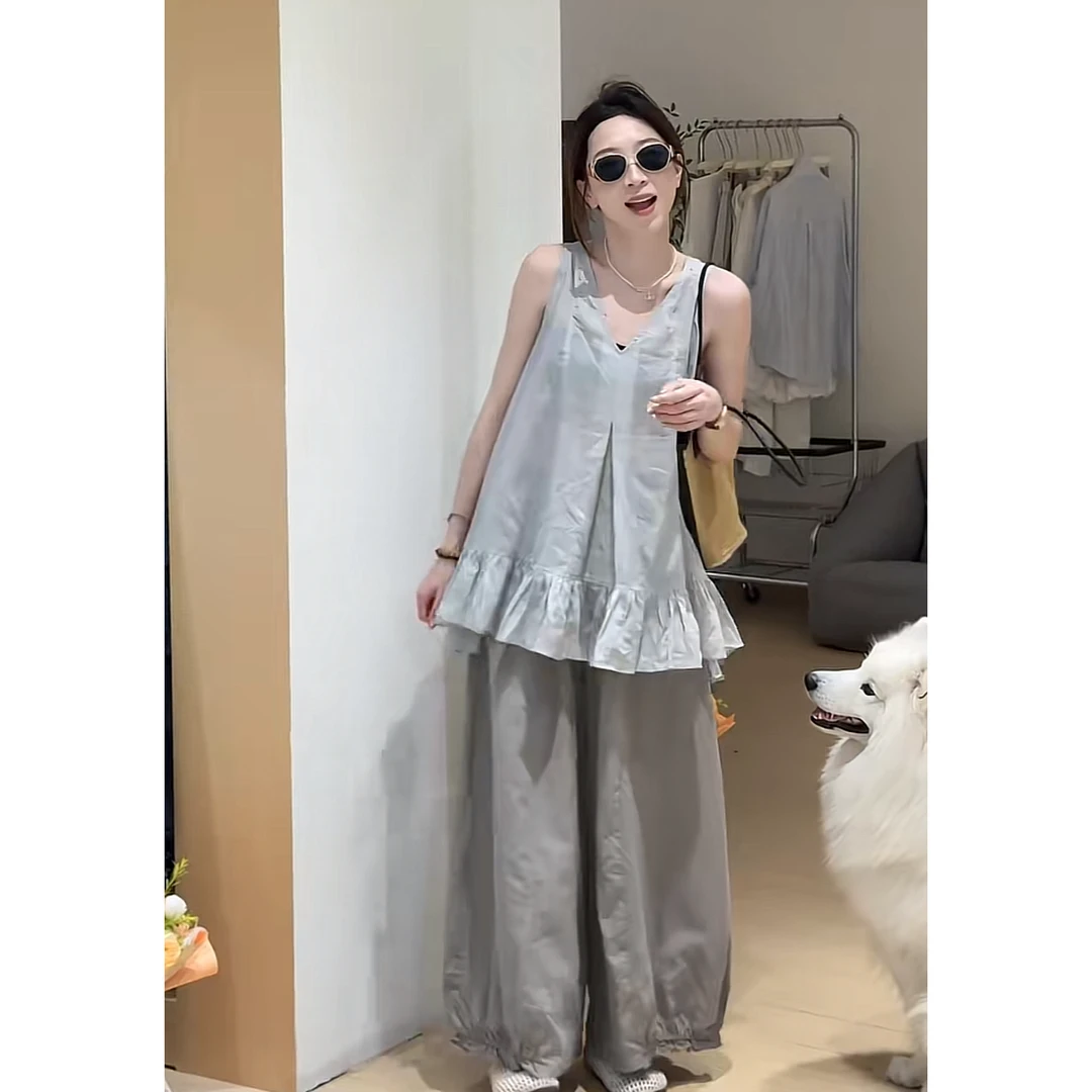 夏季时尚一整套女装2025新款爆款宽松无袖上衣休闲阔腿裤两件套潮