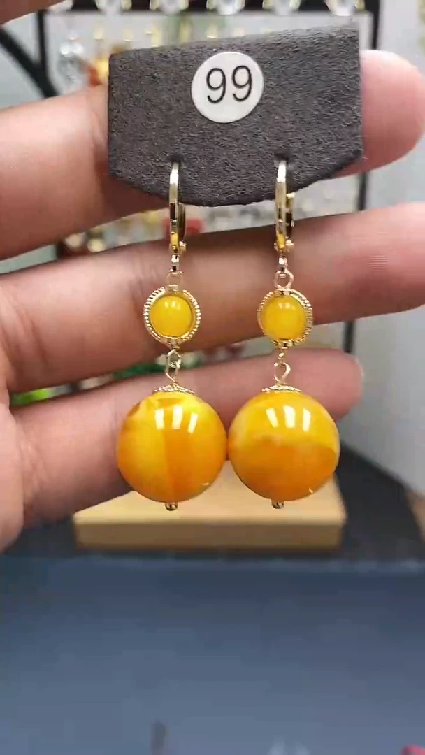 银S925镀金镶嵌蜜蜡耳饰尺寸16mm耳扣D1