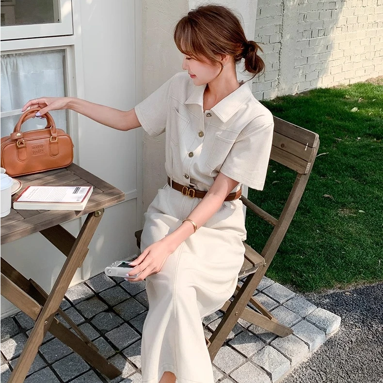 夏季POLO领单排扣高腰收腰显瘦长款裙子法式设计感连衣裙