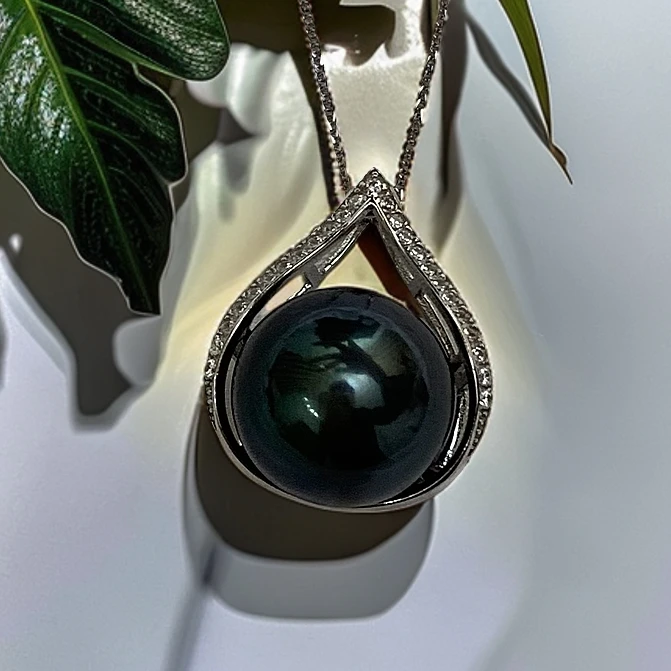 天然海水大溪地孔雀蓝珍珠吊坠12-13mm项链镜面光感时尚爱人礼物