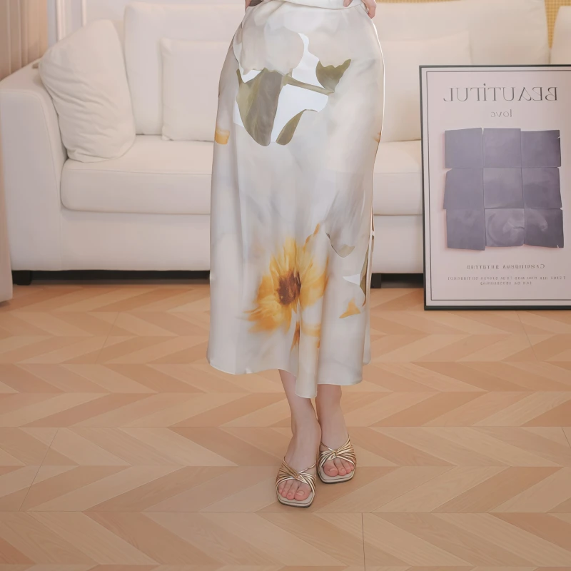 苏禾专属时尚休闲植物印花高腰鱼尾裙日常通勤淡雅半身裙JL20223