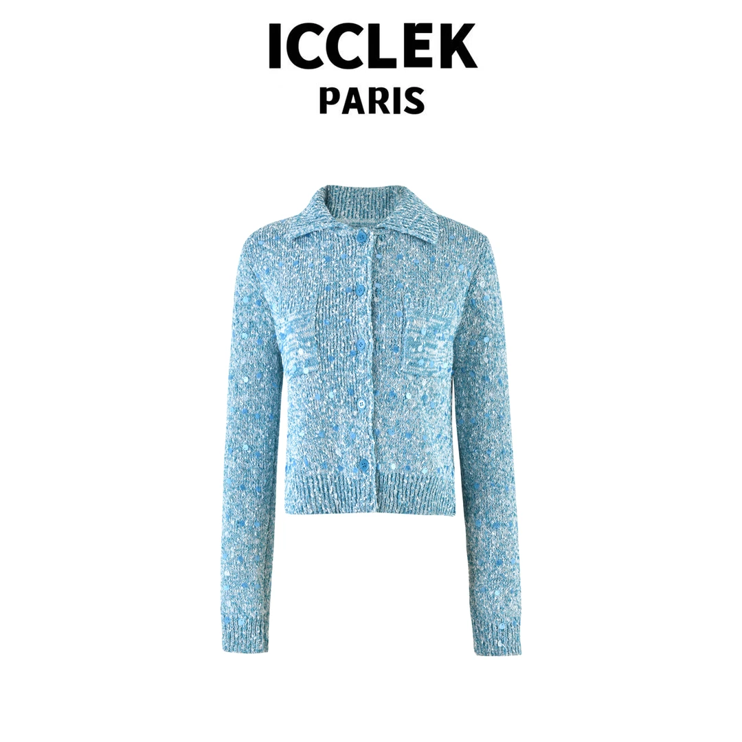 XY 蓝色翻领开襟长袖针织衫气质轻奢名媛秋冬百搭外 套-3521