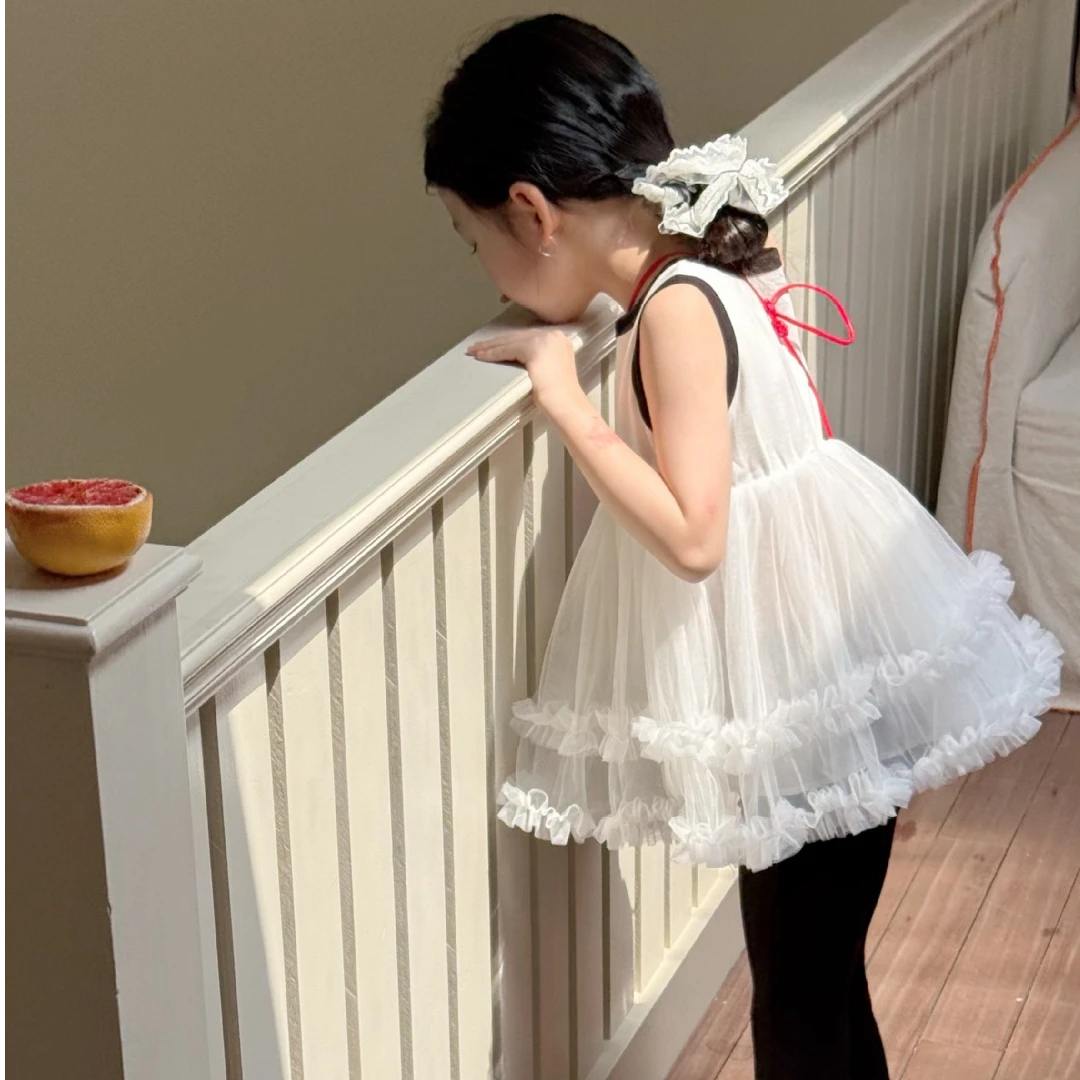 2025夏季新品 韩版童装 女童背心拼接蓬蓬纱裙 黑色喇叭裤棉