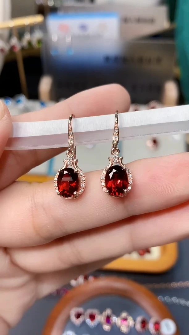 石榴石耳钩银S925镶嵌天然