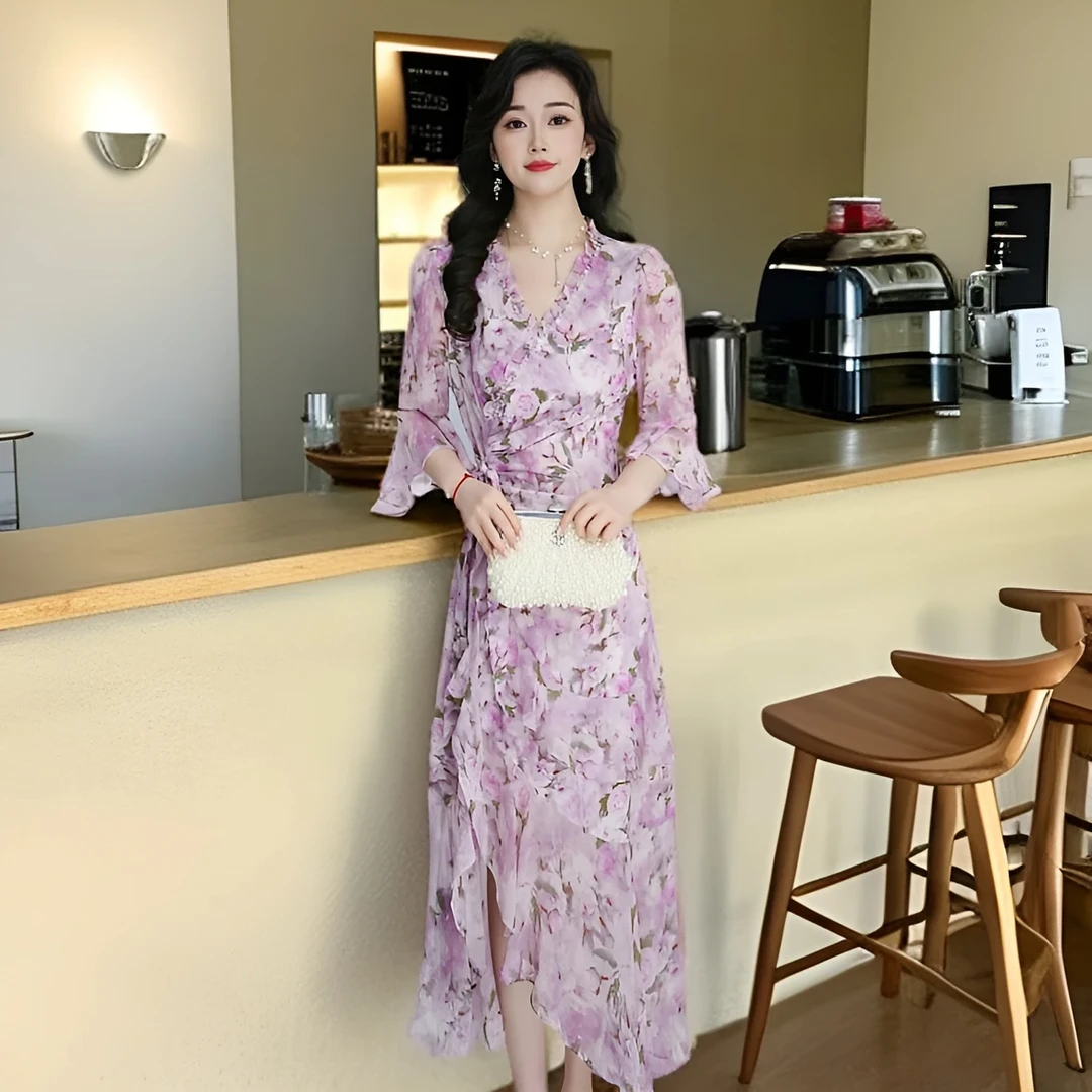 【连衣裙】减龄碎花连衣裙2025年夏季气质修身显瘦荷叶边鱼尾裙子