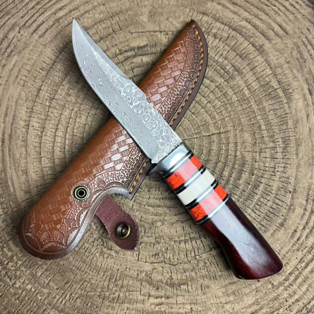 【高定】赞比亚龙血檀稀缺松石冰牙扭转大马士革收藏手工刀