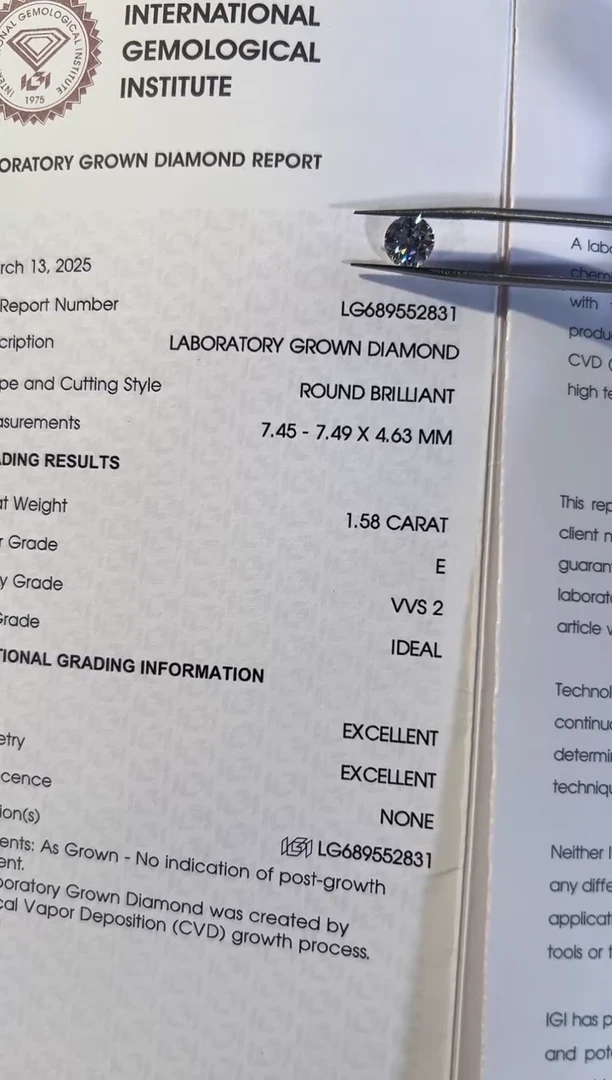 合成钻石裸石未镶嵌LG689552831   1.58/E/VVS2裸石