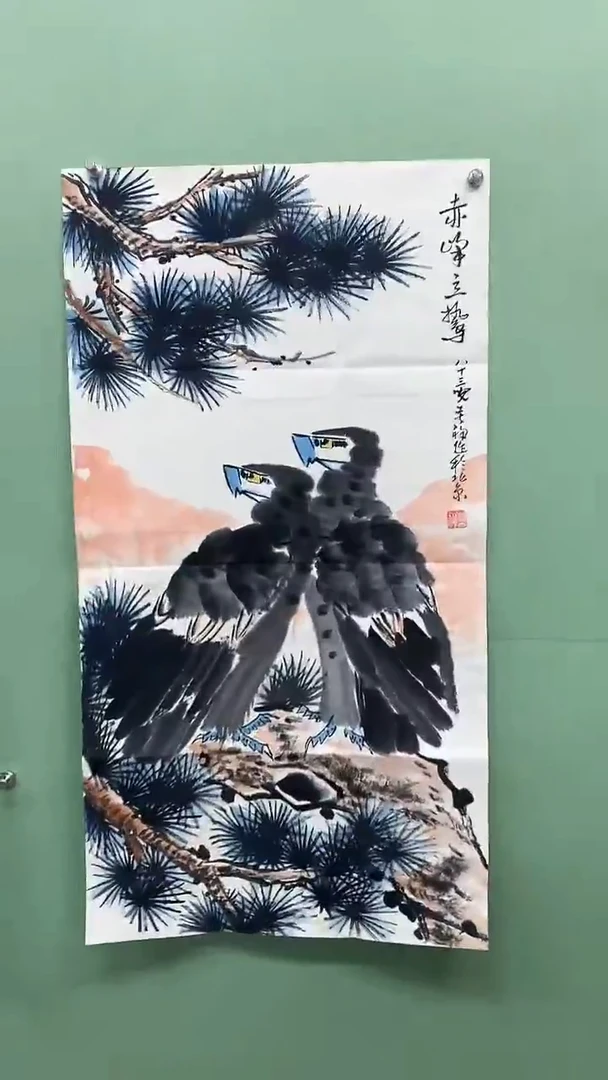 竖款精品三尺双鹰，赤