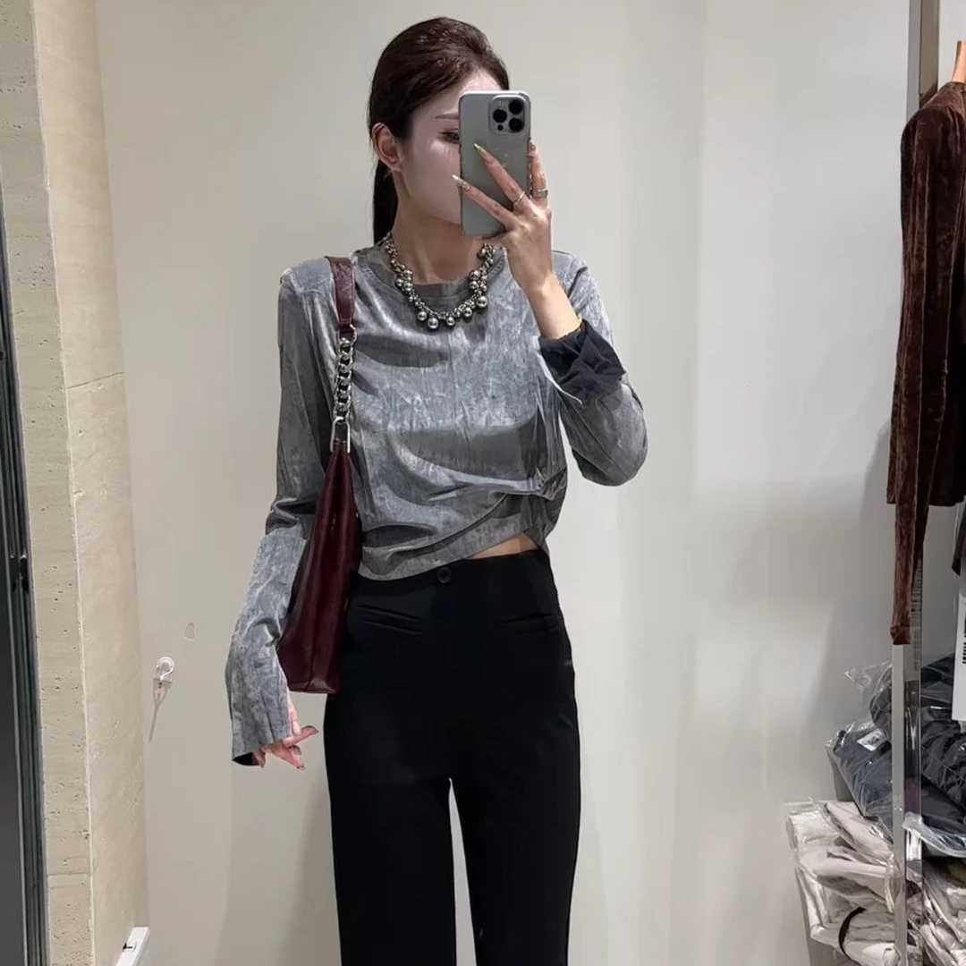 【摩登】2024秋季新款白搭时尚名媛风轻奢打底T恤百搭套头23055