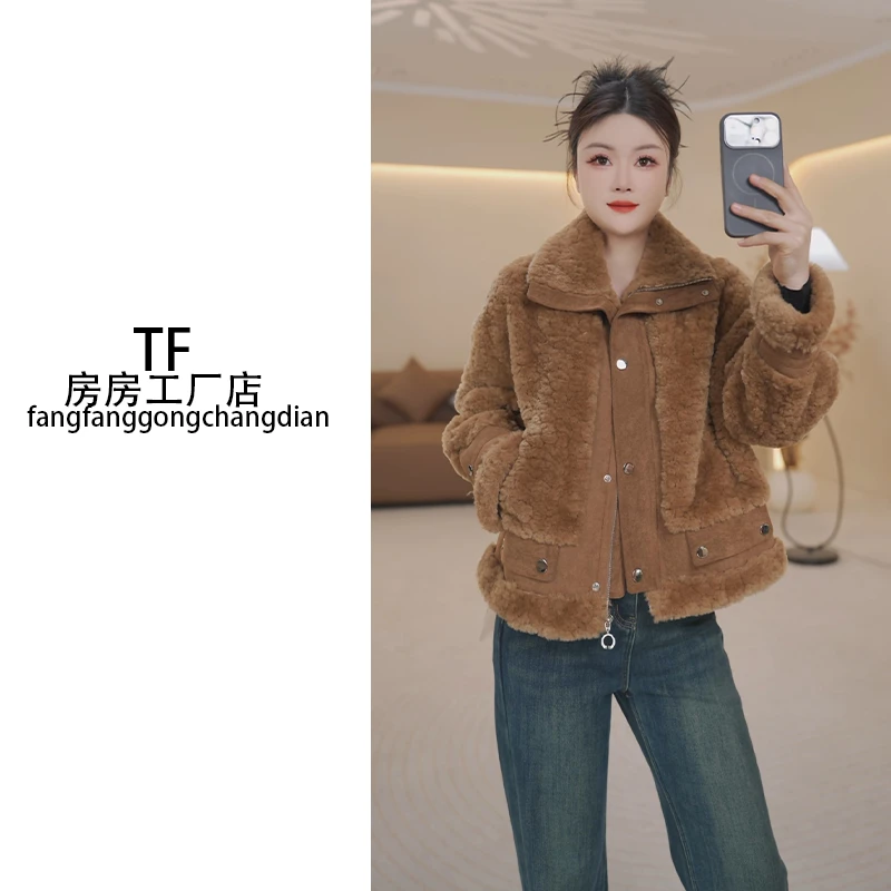 房房推荐-3610 女短外套秋冬双面女士外套毛绒时尚保暖休闲翻领