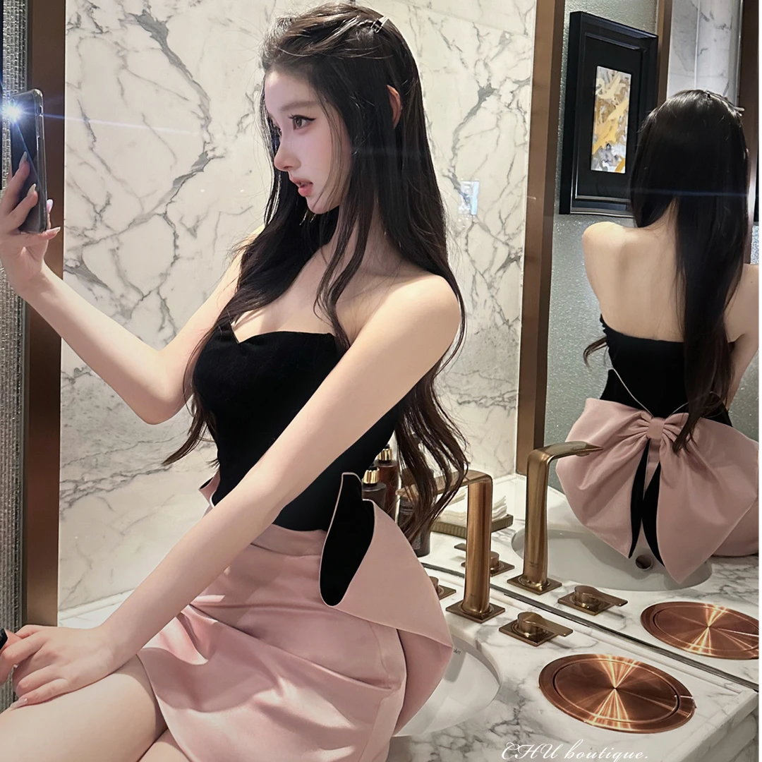 抹胸连衣裙女秋冬千金风丝绒缎面蝴蝶结生日PARTY礼服收腰短裙