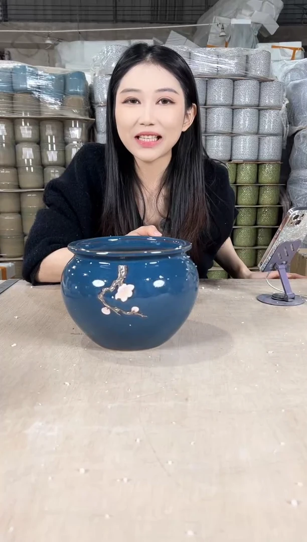 【闪购商品】陶瓷大罐罐蓝花釉勾花大号18x15