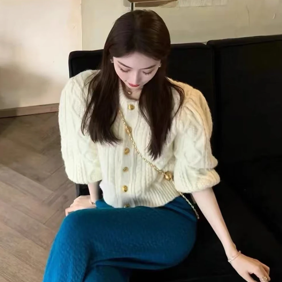 全新未使用 Celine/思琳 浮雕单排扣羊驼毛羊毛短款针织衫