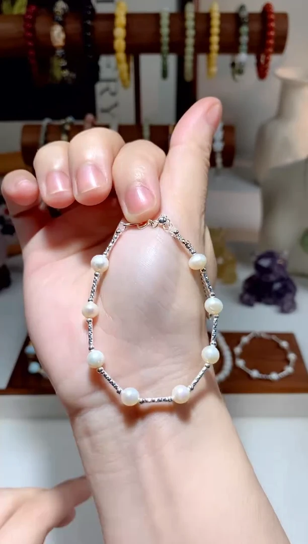 淡水珍珠手链银S925镶嵌珍珠车花管手链