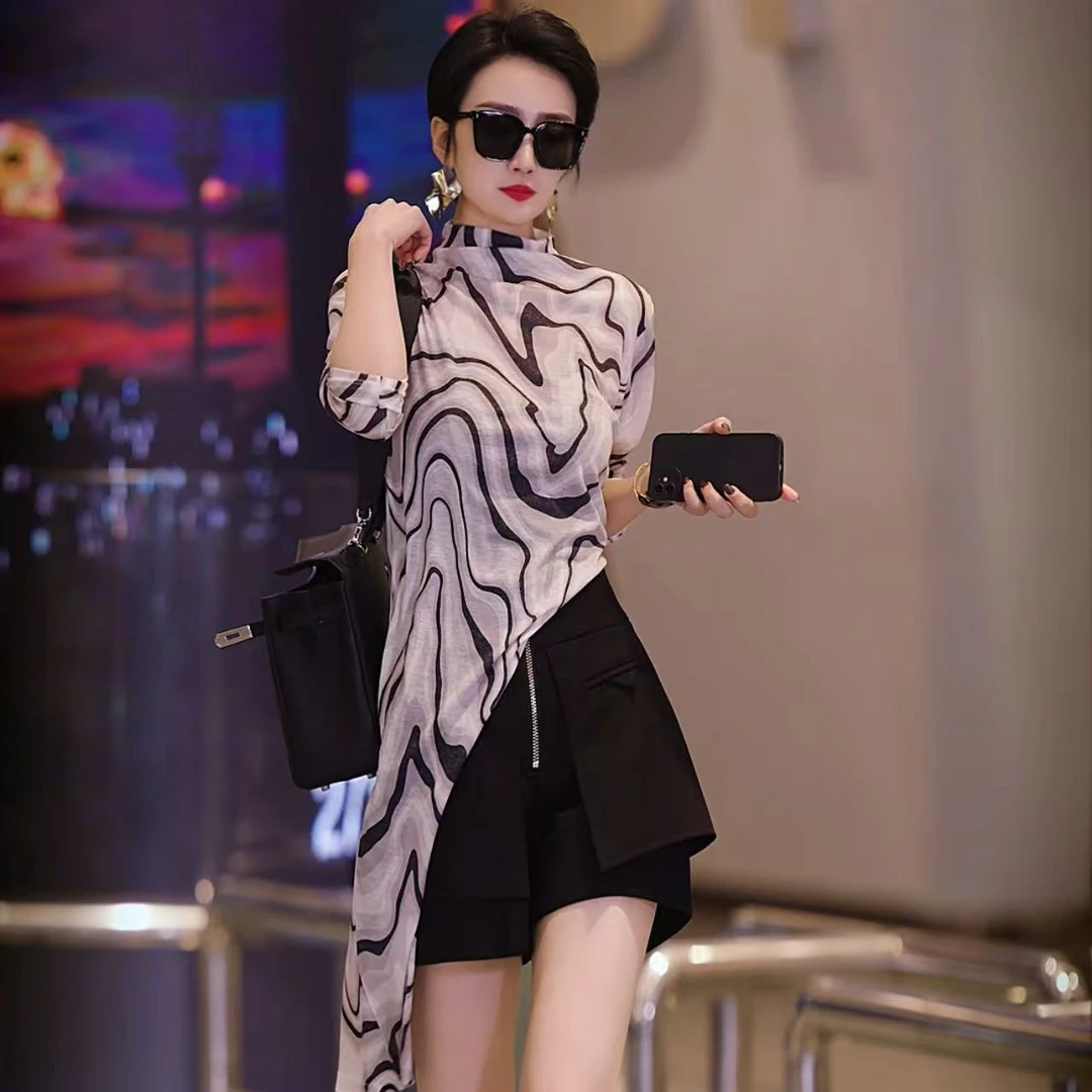 （萱萱严选）时尚扎染水墨花色波浪纹不规则上衣