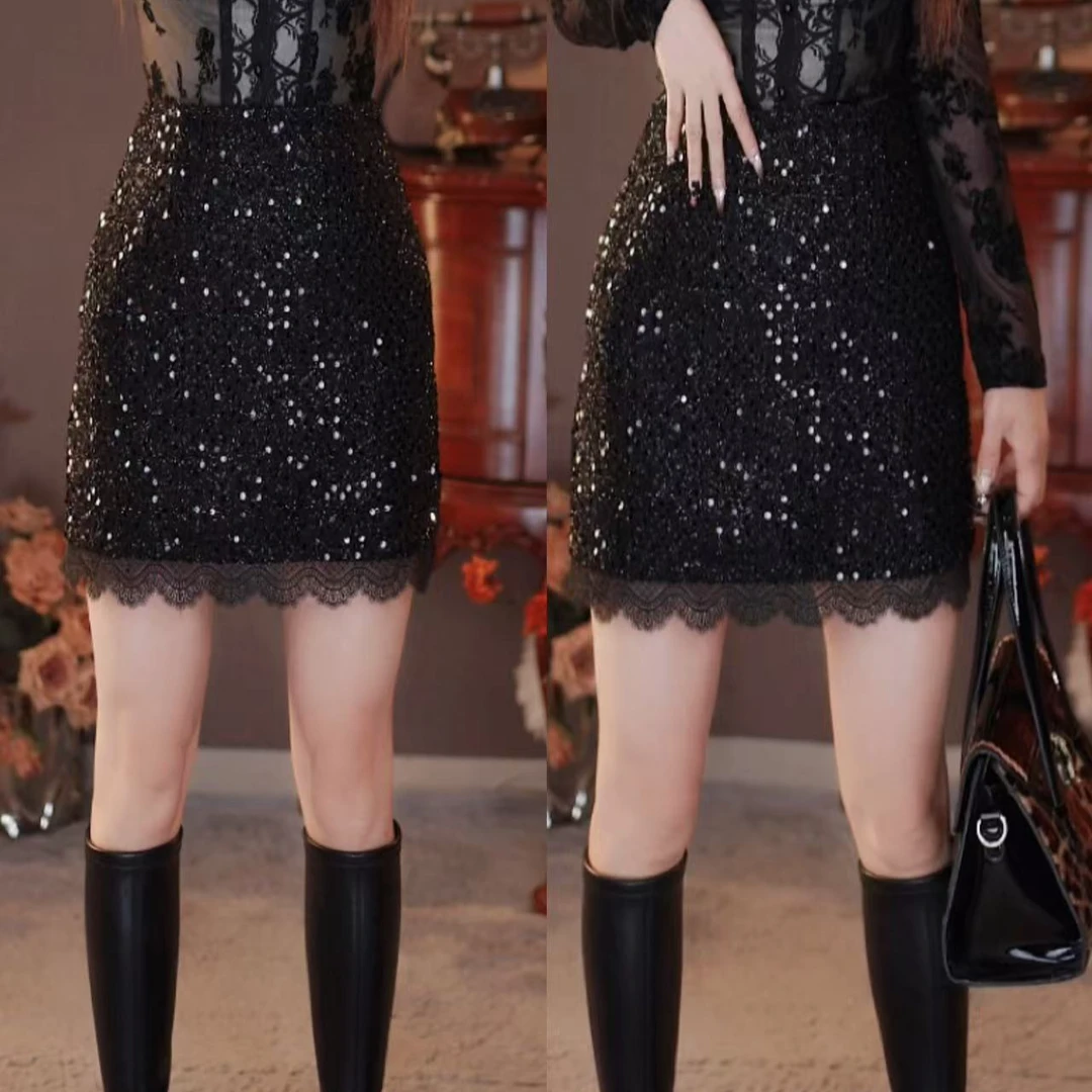 谢09357秋冬新款气质高腰亮片蕾丝半身裙时尚显瘦A字裙高端