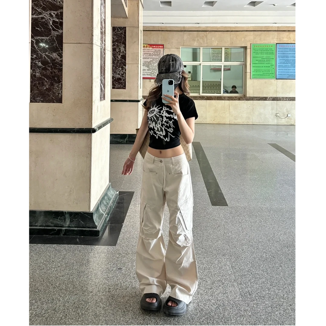 美式复古多口袋工装裤米白色夏季微喇百搭宽松修身休闲裤男女