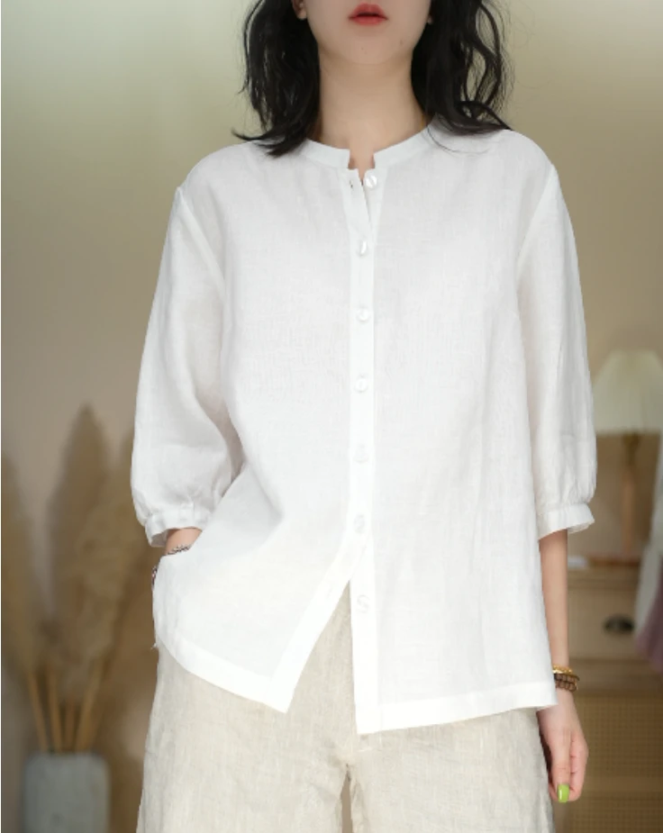 25651纯亚麻休闲夏季立领纯色文艺衬衫